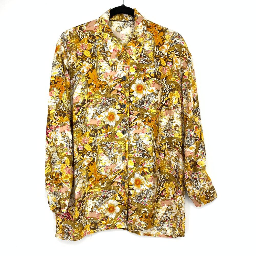 Vintage 90s Psychedelic Animal Print Blouse Button Front Silk Shirt Womens Sz L